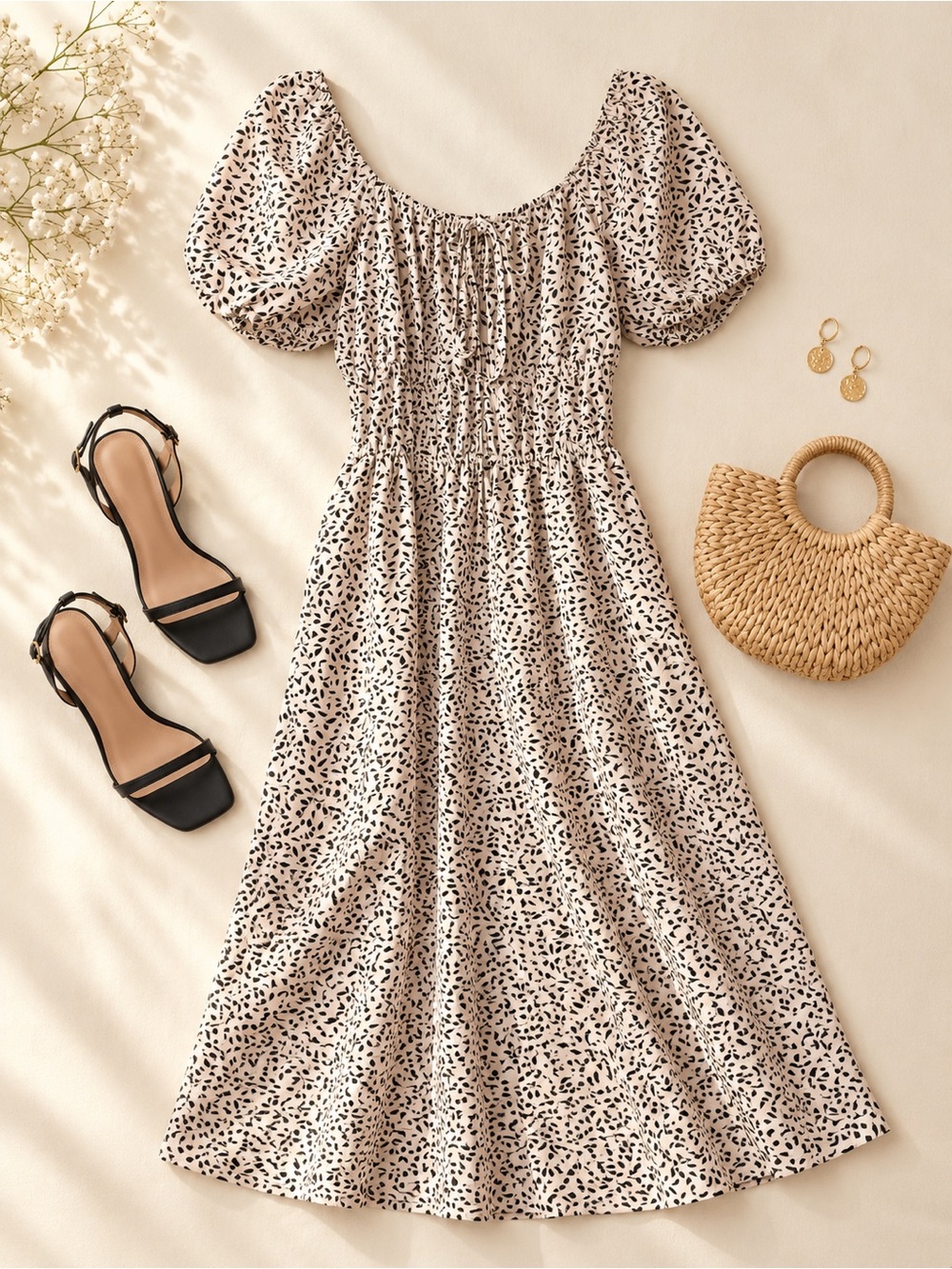 Who What Wear Pink Black Leaf Print Puff Sleeve Midi Dress Small